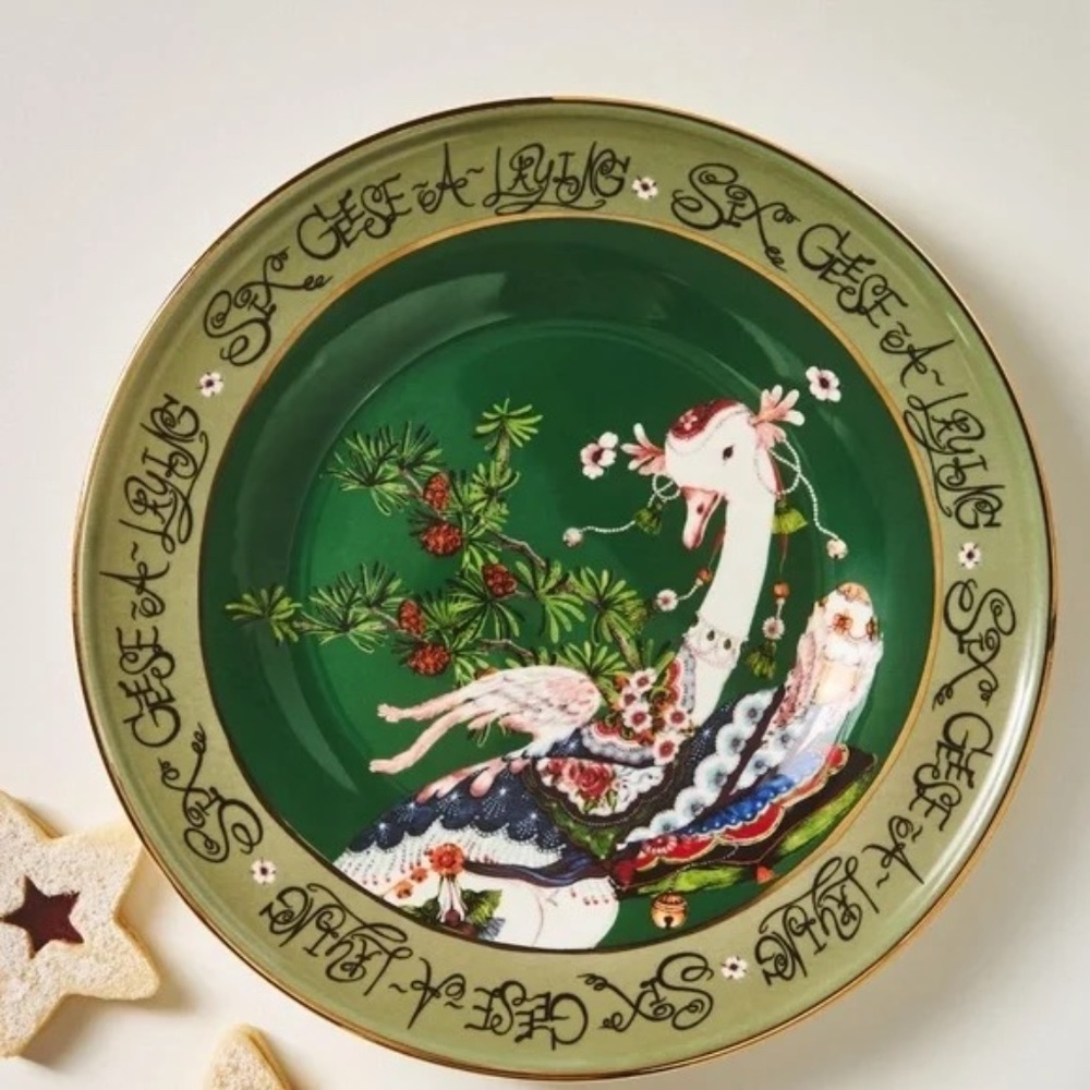 Taychamaythakool Anthropologie Twelve Days of Christmas Geese  Dessert Plate